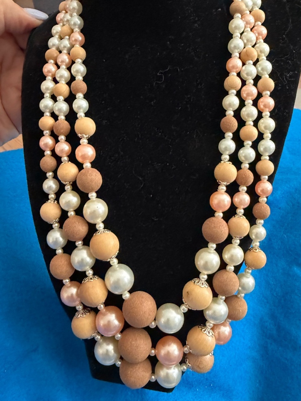 Veg 1950s Signed Japan 3-Strand Faux Pearl & Wood Bead earrings and Choker